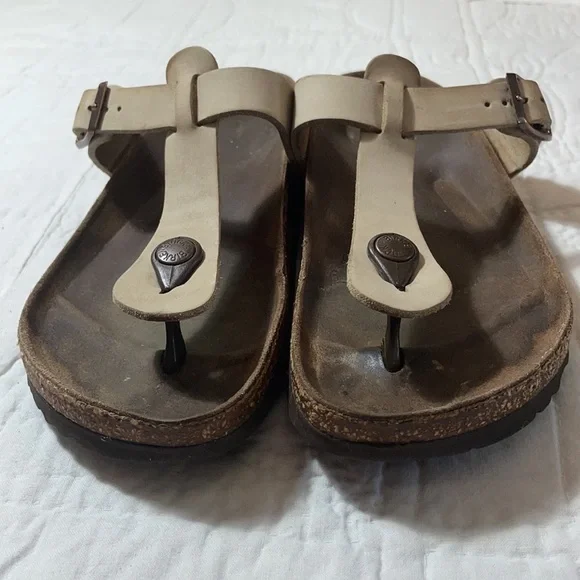 Birkenstock Gizeh Leather Sandals EU size 38 Tan Neutral Cork Well Worn Gorpcore - Picture 7 of 9